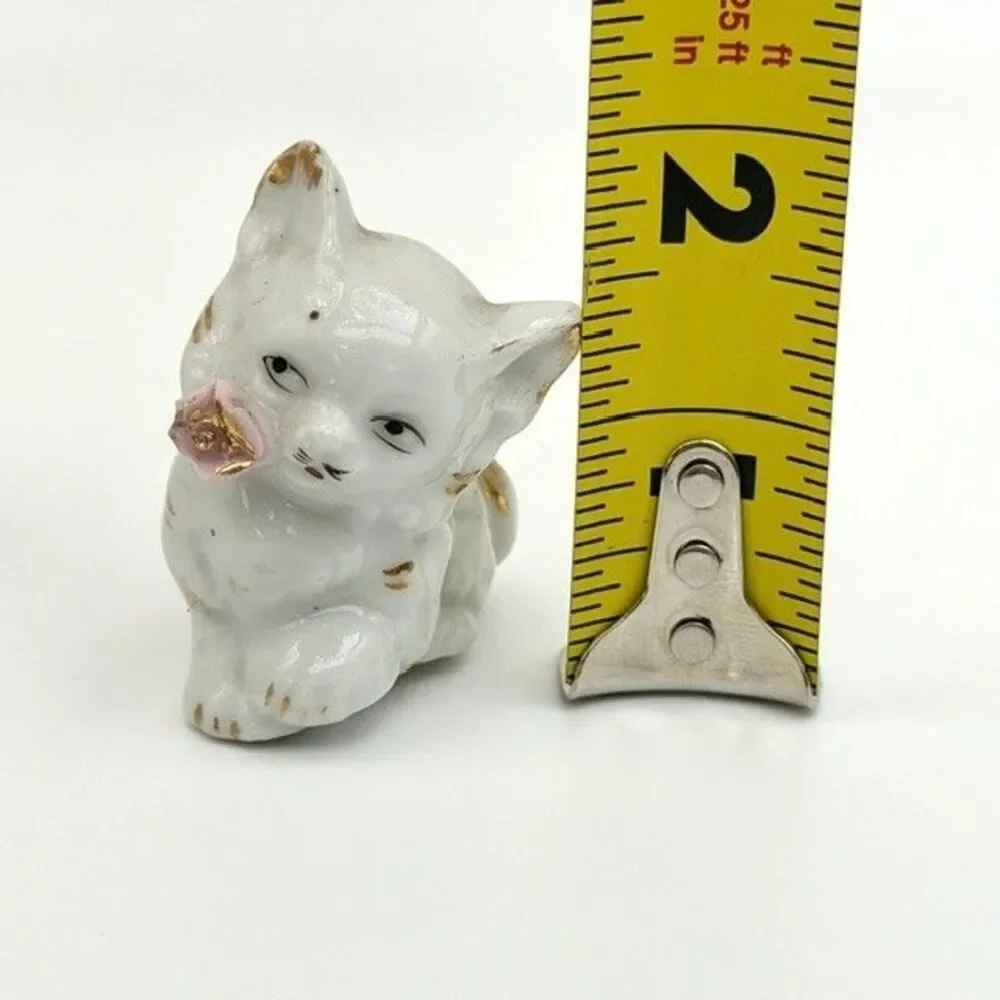 Set of 2 Porcelain White Persian Cat Figurines Pink Rose Gold Trim Japan 2